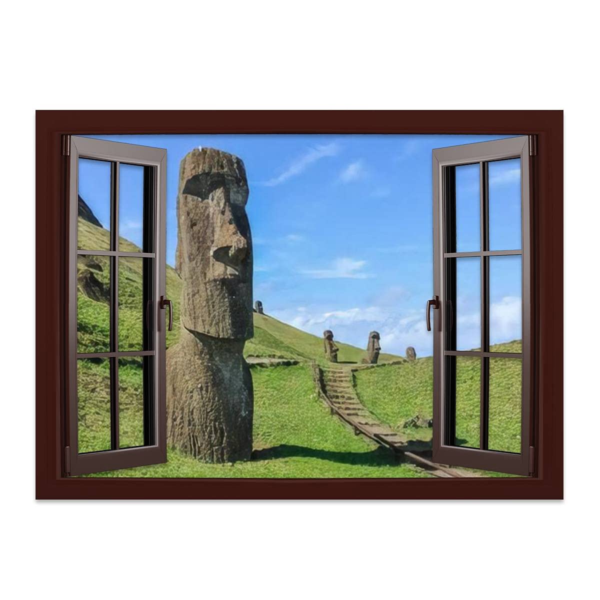 Moai Statues Wall Art - 3D Canvas Printed Window Frame Style Decor for Office, Living Room & Bedroom | Easter Island Chile Rano Raraku Volcano Inspired Home Decor | Perfect for Modern, Boho & Coastal Interior Design Styles