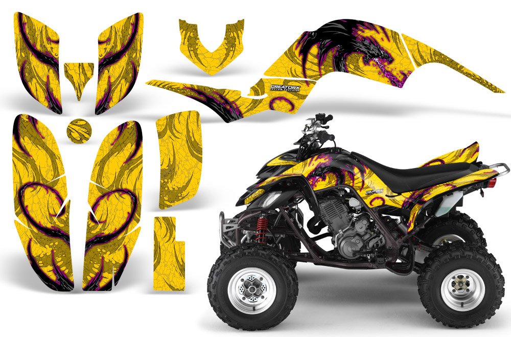 Yamaha Raptor 660 Graphics Kit - Dragon Fury Pink & Yellow Decals Stickers for ATV Customization | Off-Road Racing & Trail Riding Accessories