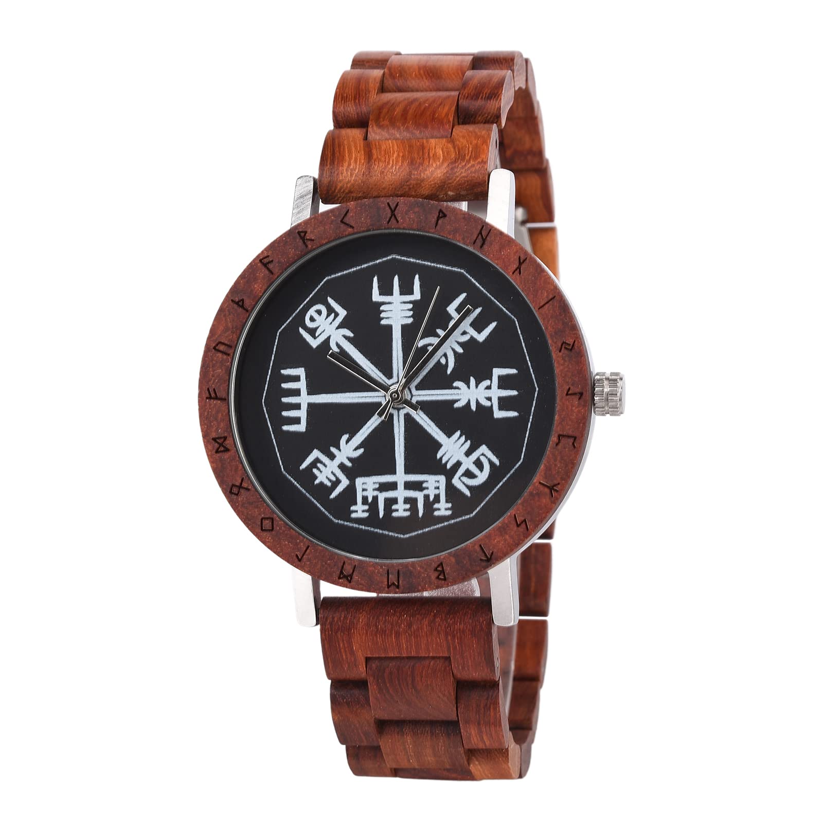 Viking Compass Vegvisir Handmade Engraved Wooden Watch - Norse Mythology Inspired Wooden Wristwatch for Men, Perfect for Outdoor Adventures & Viking Cosplay
