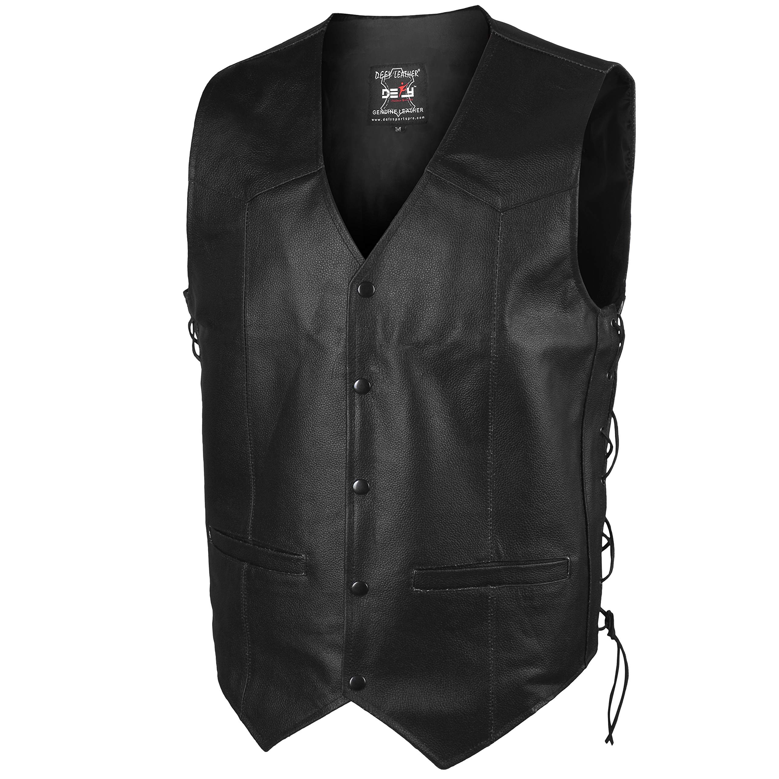 DEFY Leather Motorcycle Vest for Men - Club Style Biker Jacket with Side Laces & Concealed Gun Pockets - Medium Black - Perfect for Riding, Motorcycle Clubs & Outdoor Adventures