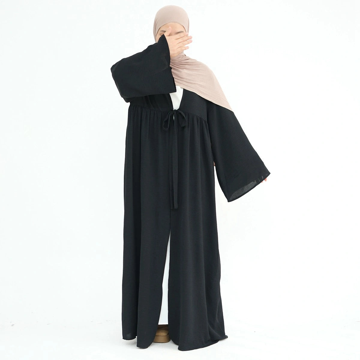 Elegant Lace-Up Crepe Open Abaya Dress #24896 - Modest Muslim Fashion for Women, Perfect for Prayer, Weddings & Special Occasions