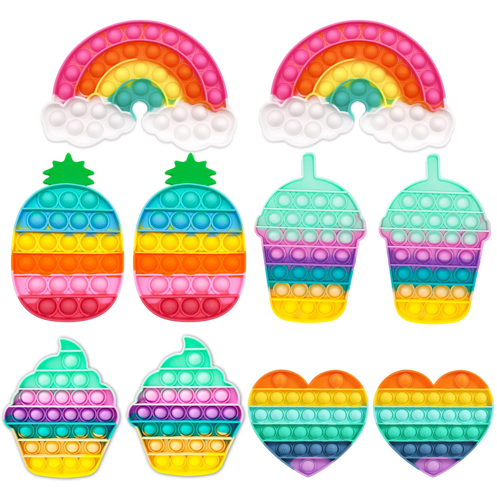 Cykapu 10 Pcs Pop Fidget Bubble Stress Toys - Push Bubble Sensory Toys for Autism, ADHD, Adults & Kids - Ice Cream, Pineapple, Cupcake Designs - Best Sensory Toy Set Gift for Stress Relief, Focus & Relaxation at Home, School & Office