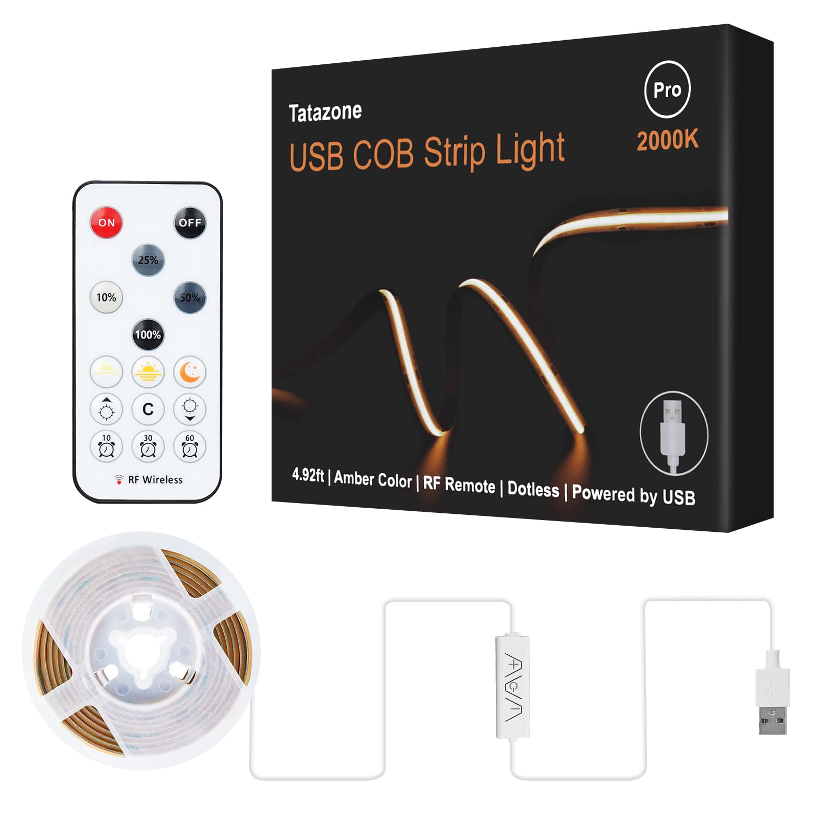 Tatazone 5V USB COB LED Strip Light - 4.92ft Dimmable Amber 2000K Warm White with RF Remote - Flexible USB Powered COB Rope Light for Cabinet, TV Backlight, Kitchen Lighting, Bedroom, Monitor, Showcase, RV, Motorhome Decoration