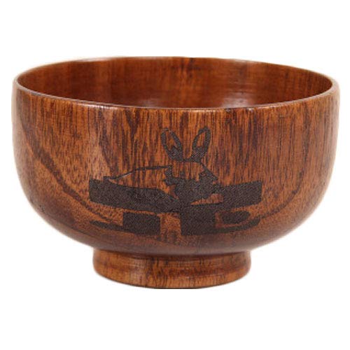 Linshing Natural Wooden Bowl with Chinese Zodiac Rabbit Design - Handcrafted Rice & Soup Bowl Set - Perfect for Asian Cuisine, Home Decor & Gift Giving