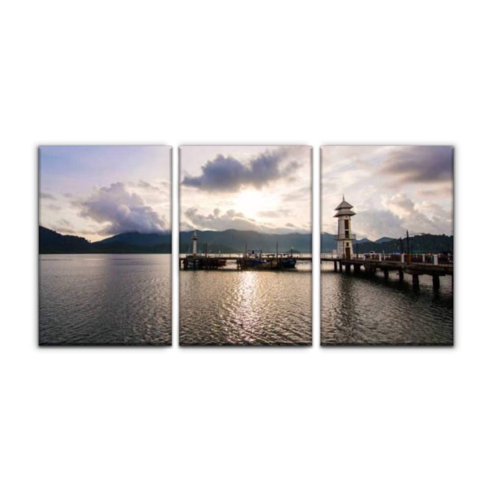 GraceLapin Modern Canvas Painting Set - Morning Harbor with Mountain & Cloud Views - Fishing Port Wall Art Decor - Printed Oil Painting Landscape for Home, Office, Bedroom - Framed 16