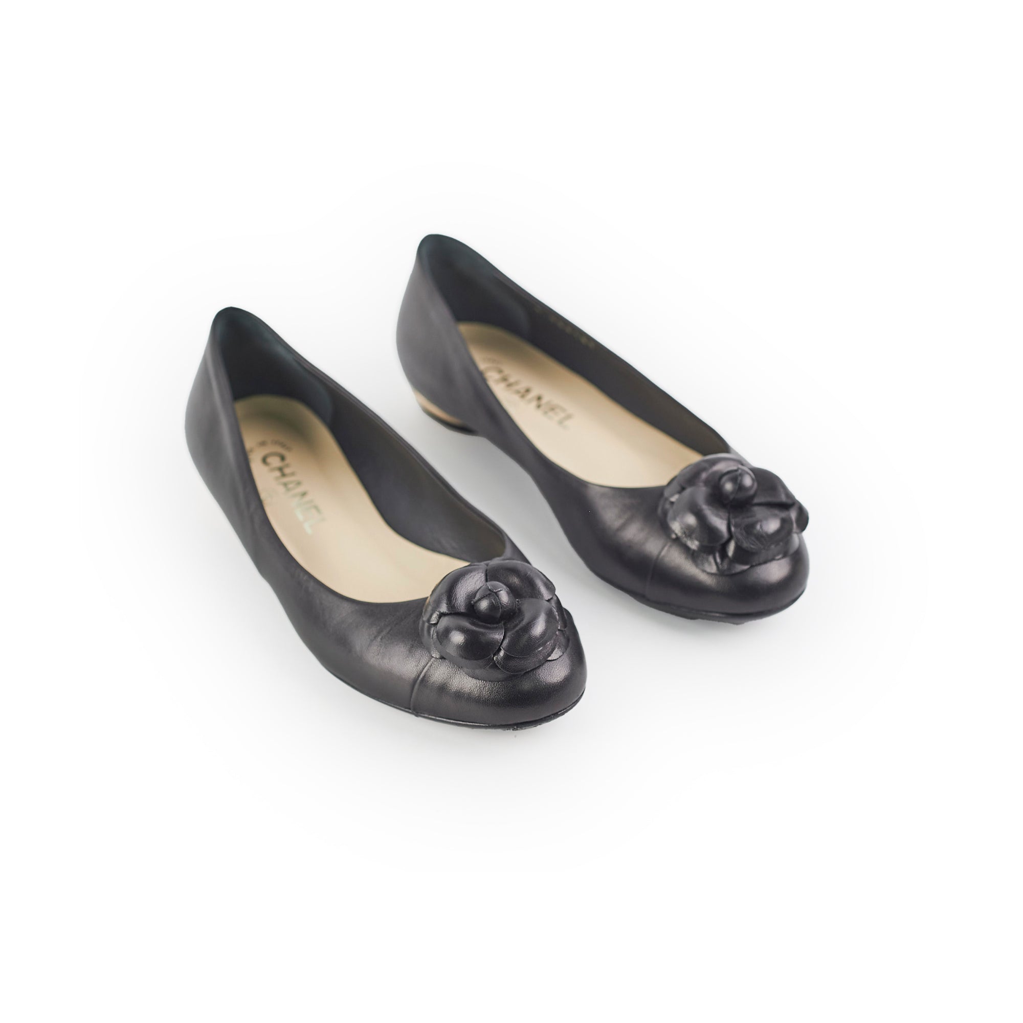 Chanel Camellia Ballet Flats for Women - Black Leather Pointed Toe Shoes Size 37.5 (US 7) - Elegant Comfort for Work, Parties & Daily Wear