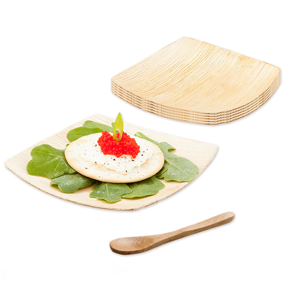 100 Eco-Friendly Palm Leaf Small Plates & 100 Natural Bamboo Mini Spoons Set - 4