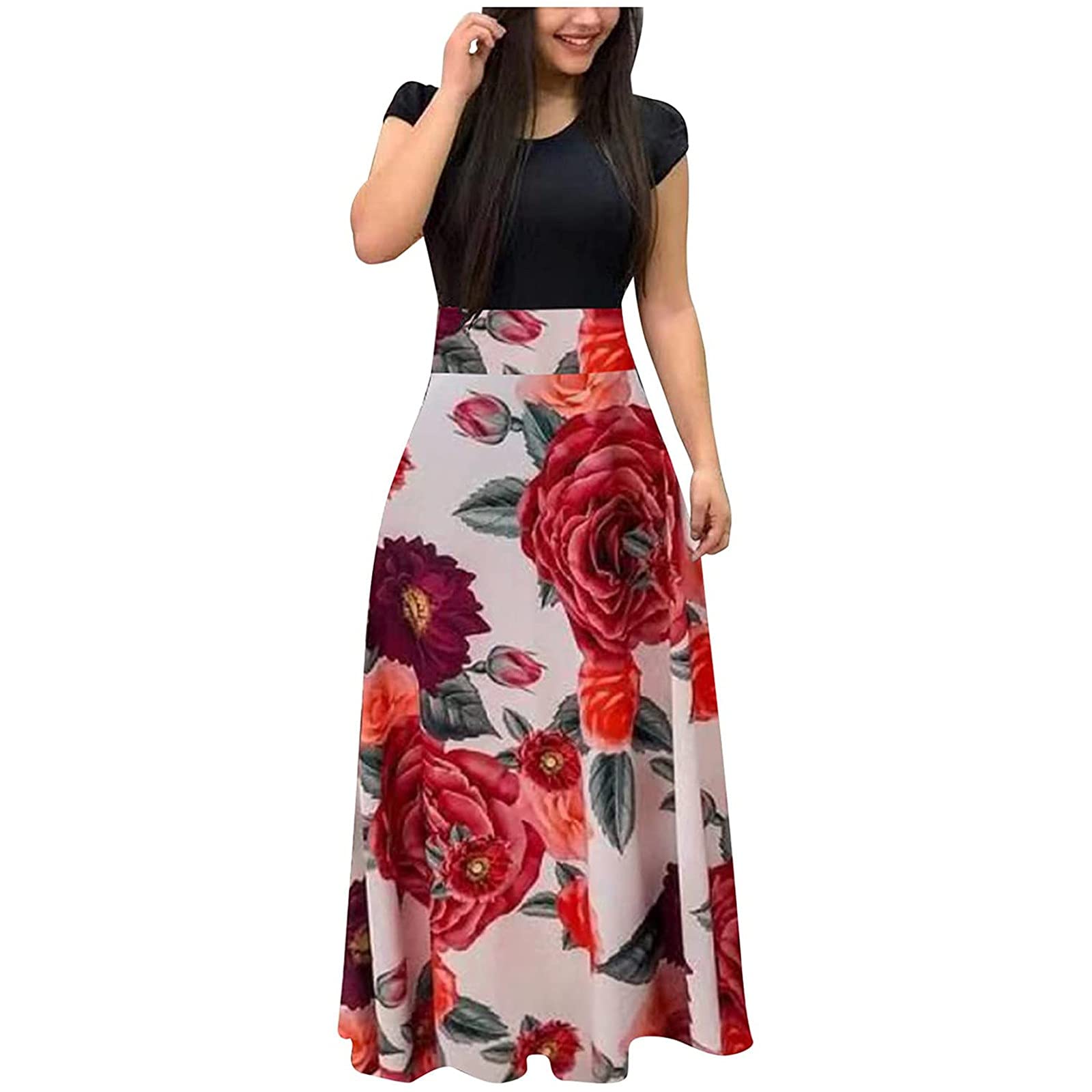 MOBCTG Women's Floral Print Short Sleeve Summer Dress - Plus Size Formal Graduation Dress 2022 | Perfect for Beach Vacations, Garden Parties & Special Occasions