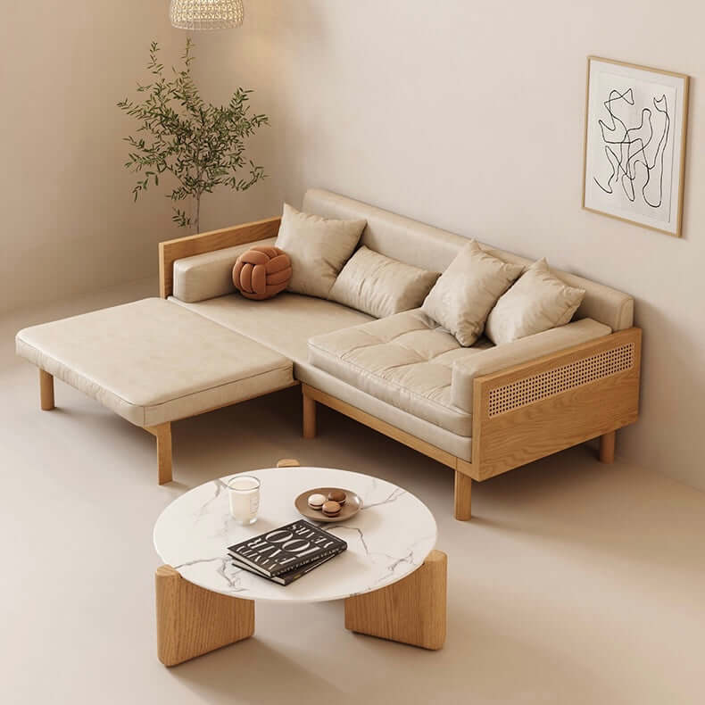 Leather & Wooden Upholstered Convertible Sofa Bed - Full Size Sleeper Sofa with Smoky Finish | Perfect for Small Apartments, Guest Rooms & Home Offices
