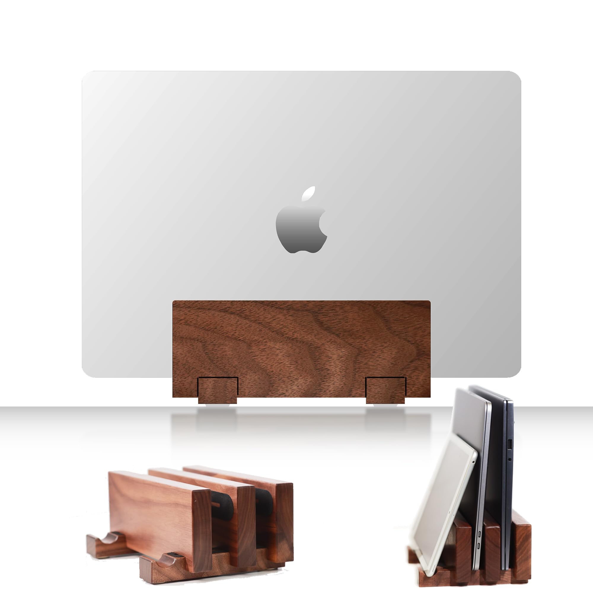 Adjustable Vertical Wooden Laptop Stand for Desk - Black Walnut Laptop Holder Fits All Laptop Sizes & Thicknesses | Space-Saving Multi-Device Organizer for Home Office, Gaming Setup & Workspace
