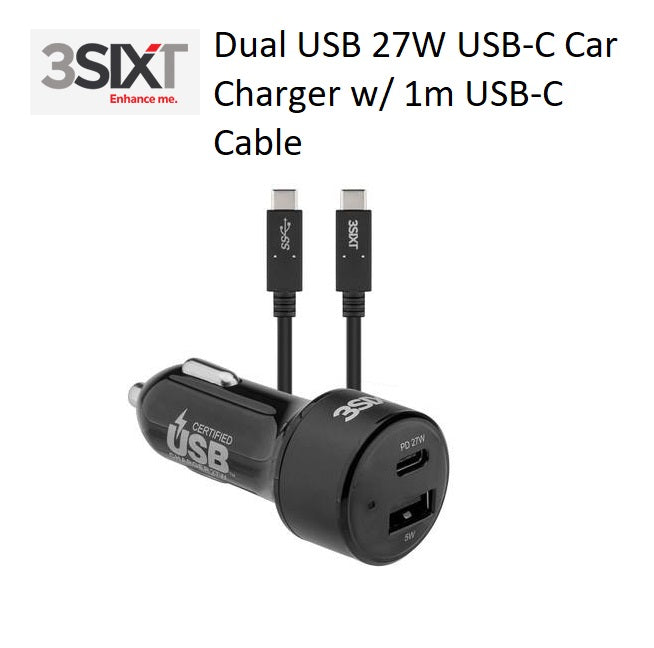 3SIXT 27W Dual USB C PD Super Fast Car Charger with 1m USB C Cable - Black | Fast Charging for iPhone 15, Samsung Galaxy, iPad & More | Perfect for Road Trips & Commuting