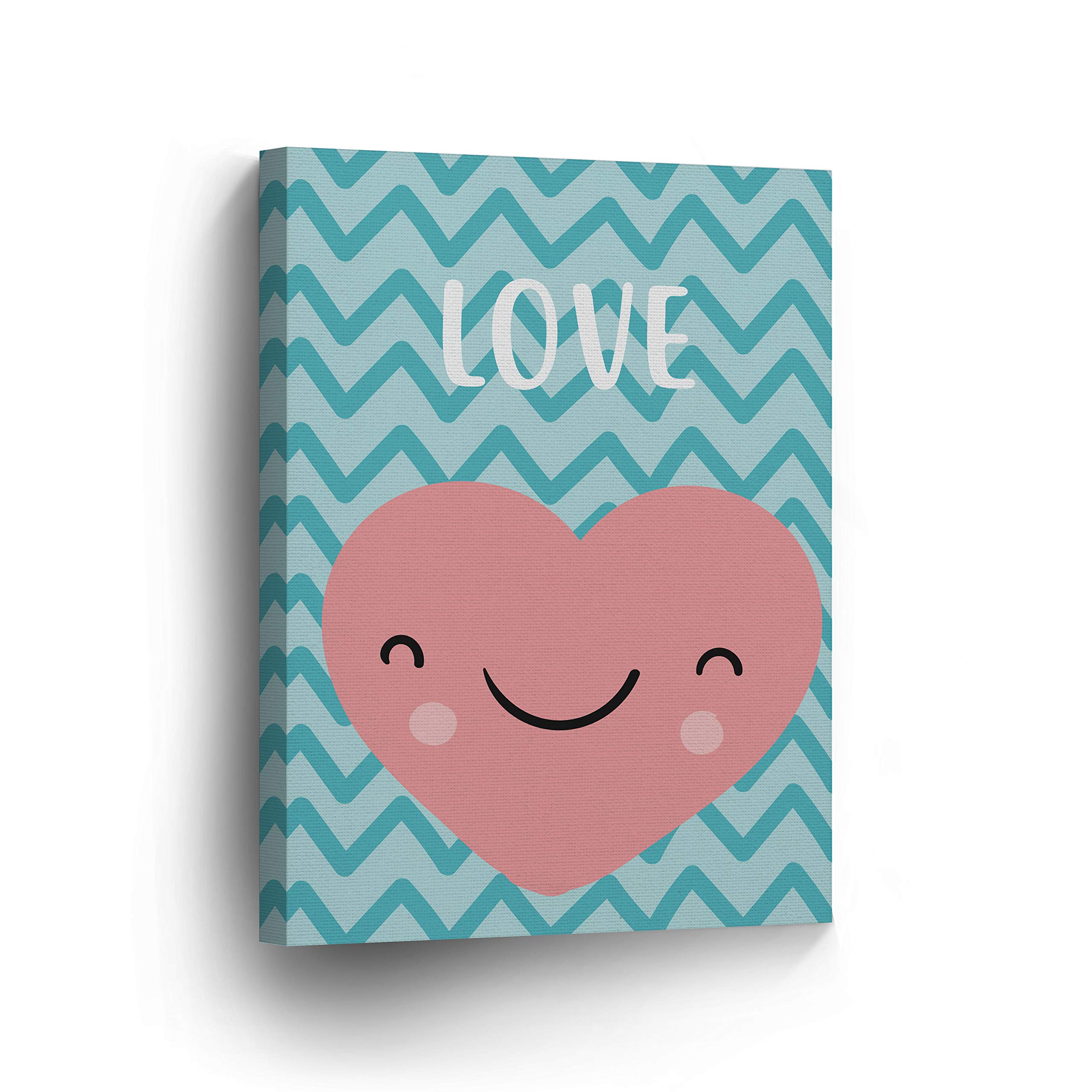Smile Art Design Lovely Heart Love Lettering Blue Background Canvas Print - Nursery Wall Art for Baby & Kids Room Decor - Ready to Hang 22x15 Inches - Made in USA - Perfect for Nursery, Bedroom & Playroom Decor