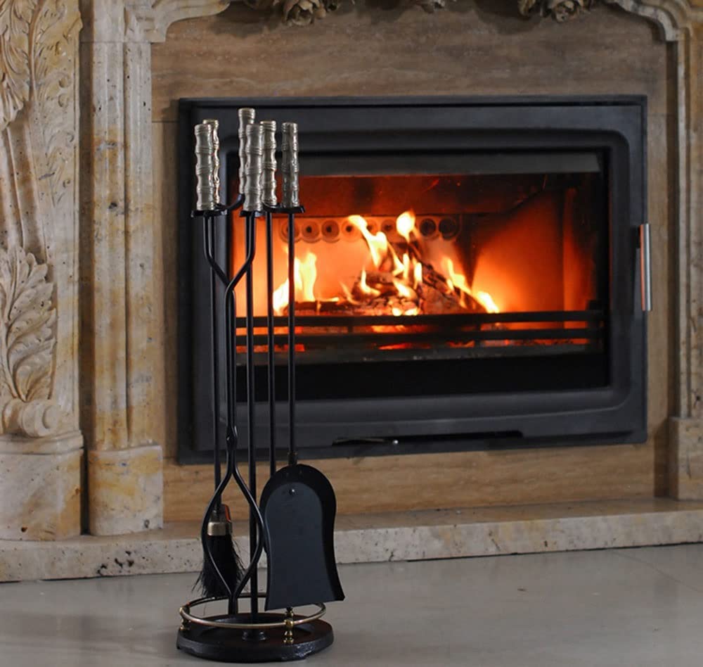 Heavy Duty 5-Piece Fireplace Tool Set - Silver Steel Wrought Iron Fire Pit Tools for Indoor & Outdoor Use - Antique Style Stove Accessories Kit for Fireplace, Camping, and Home Decor