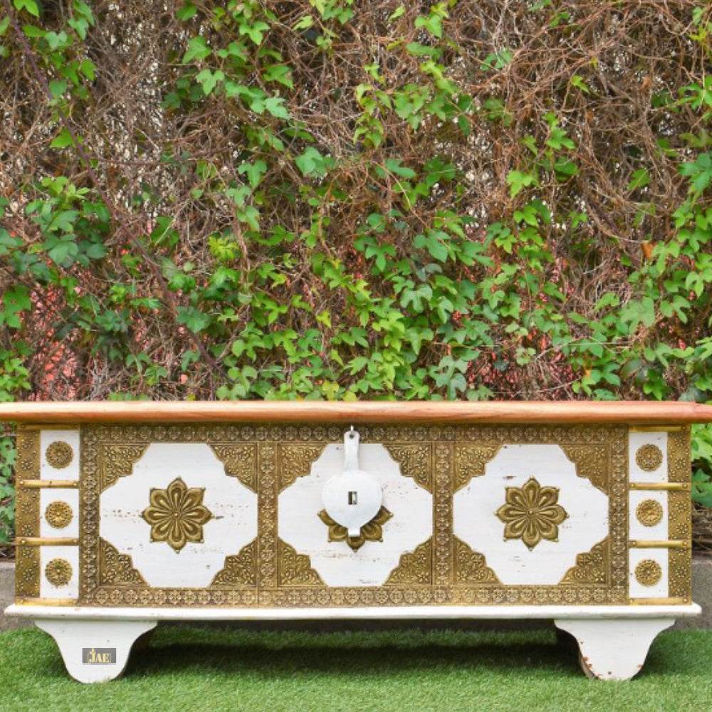 Handmade Embossed Mango Wood Coffee Table with Brass Fittings - Antique White Finish | Perfect for Living Room, Lounge & Boho Home Decor