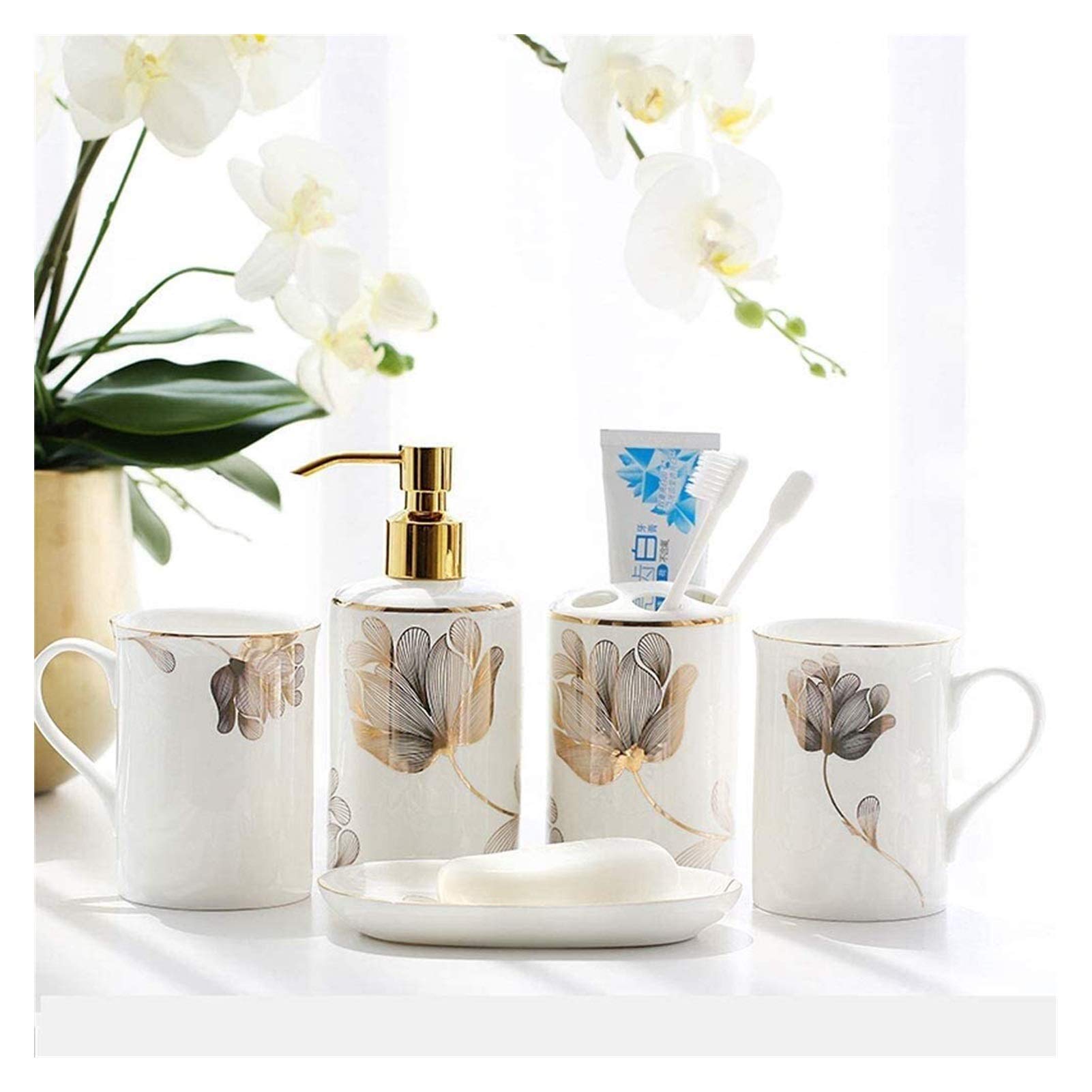 Premium 5-Piece Ceramic Bathroom Set - Modern Soap Dispenser, Toothbrush Holder, Rinse Cup & Soap Dish | Elegant Hotel Decor & Home Bathroom Accessories for Stylish Vanity Organization
