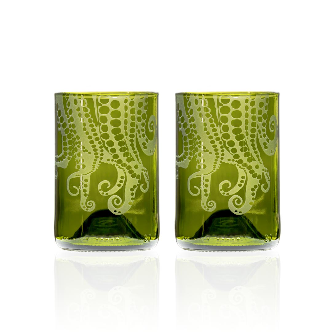 Upcycled Oscar Octopus 12oz Dark Green Reusable Tumbler Set of 2 | Eco-Friendly Coffee Cup for Office, Travel & Outdoor Adventures