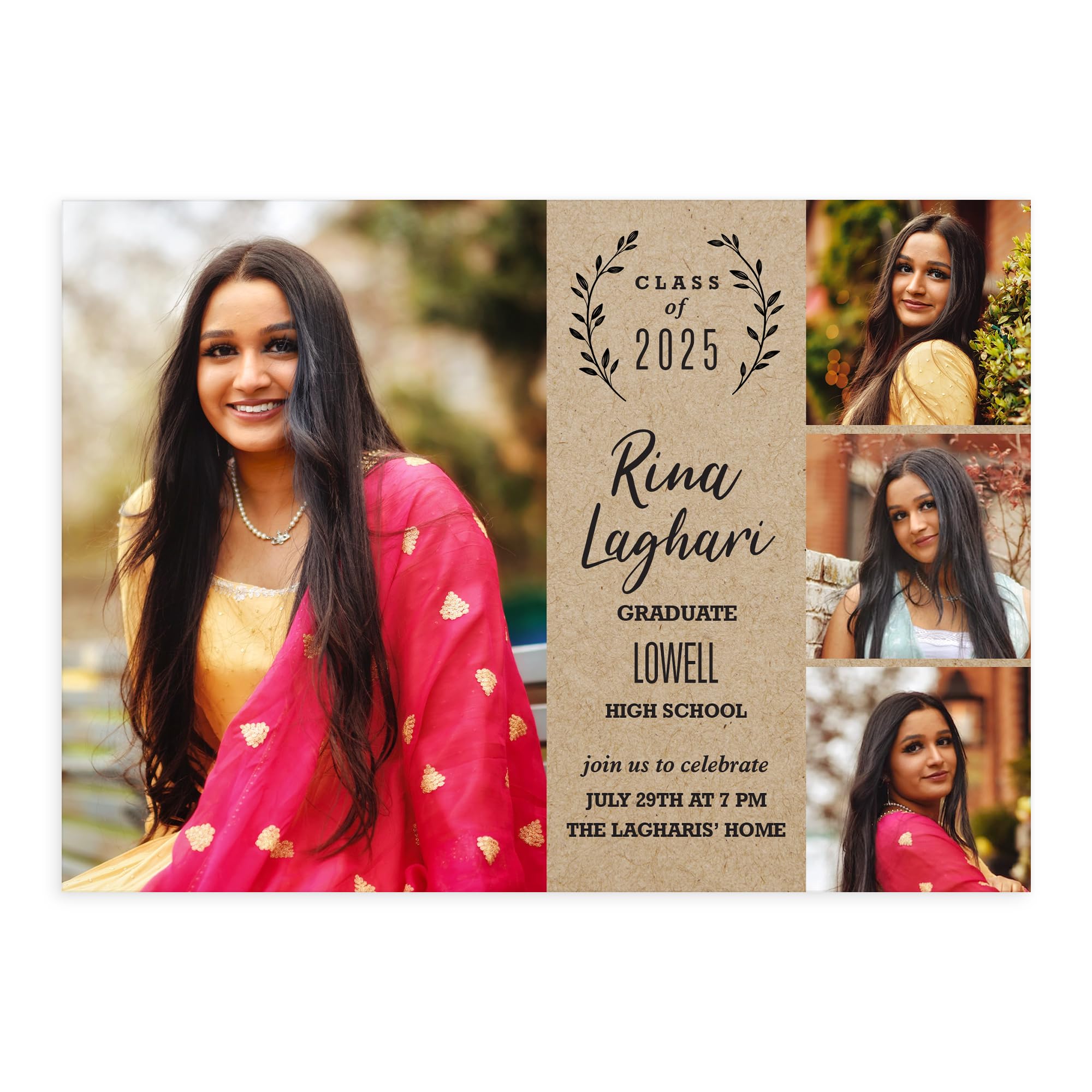 Personalized Graduation Announcements Class of 2025 - Premium 5x7 Photo Cards with White Envelopes - Modern Laurel Design - Custom Invitations for High School & College Graduates - Perfect for Commencement Ceremonies & Family Celebrations - Set of 75