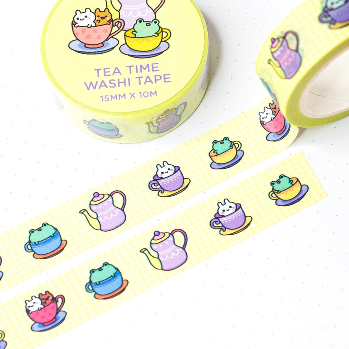 Bunny and Froggy Tea Time Washi Tape - Cute Animal Design Decorative Paper Tape for Scrapbooking, Journaling, DIY Crafts - Perfect for Gift Wrapping, Planner Decor, and Bullet Journaling