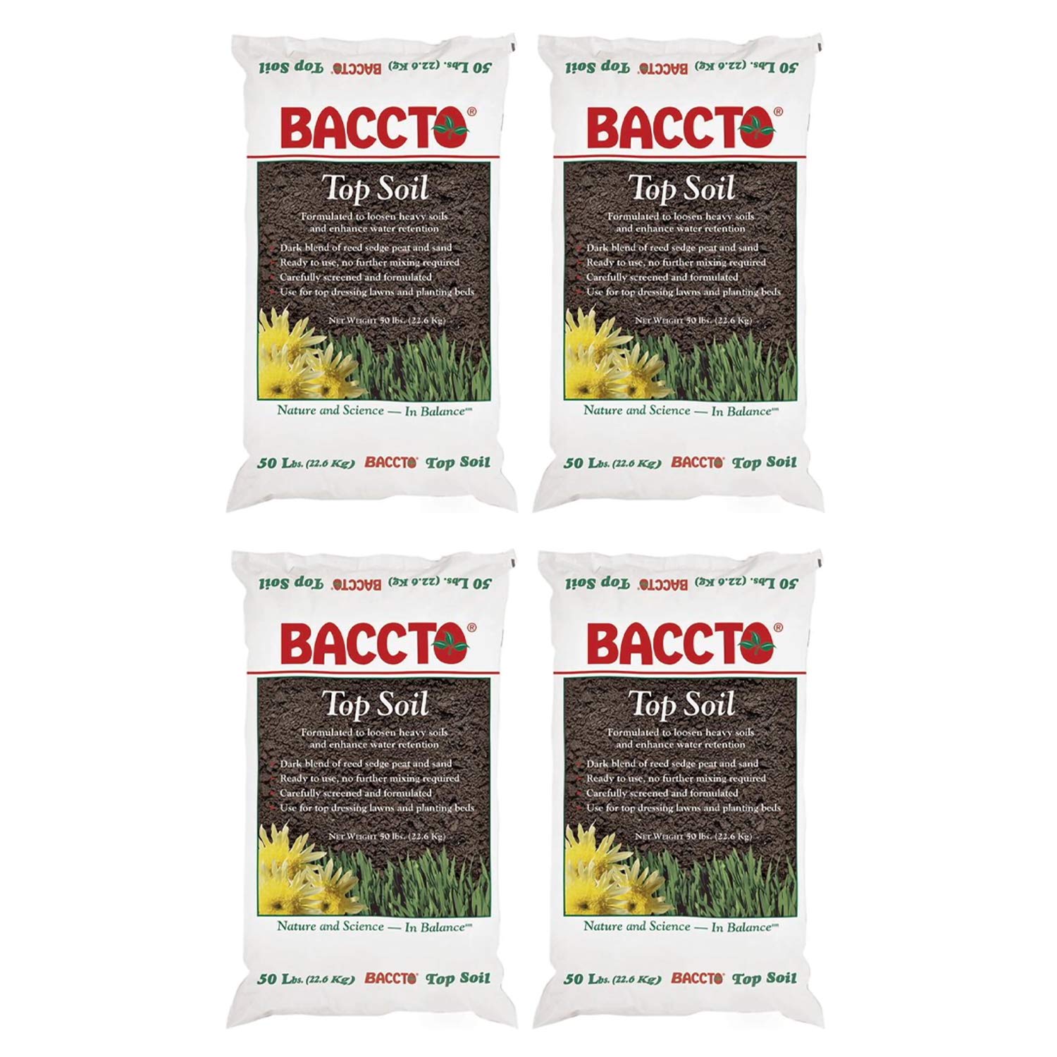 50 LB Premium Baccto Top Soil for Lawns, Gardens & Raised Beds - Organic Blend with Reed Sedge, Peat & Sand (4-Pack) - Ideal for Landscaping, Vegetable Gardening & Flower Beds