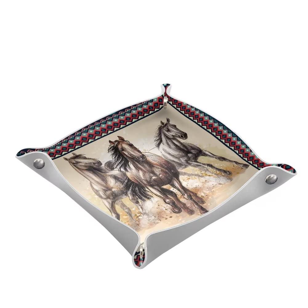 Aztec Horse Pattern Leather Valet Tray - Jewelry Organizer for Men with Desktop Storage, Key & Wallet Holder - Perfect for Nightstand, Dresser or Entryway Catchall Tray (Gift Idea for Him)