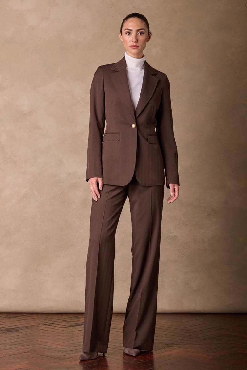 Lily Long Line Blazer & Laura Suit Set in Chocolate Herringbone Pattern - Perfect for Office Wear, Business Meetings, and Professional Women's Fashion