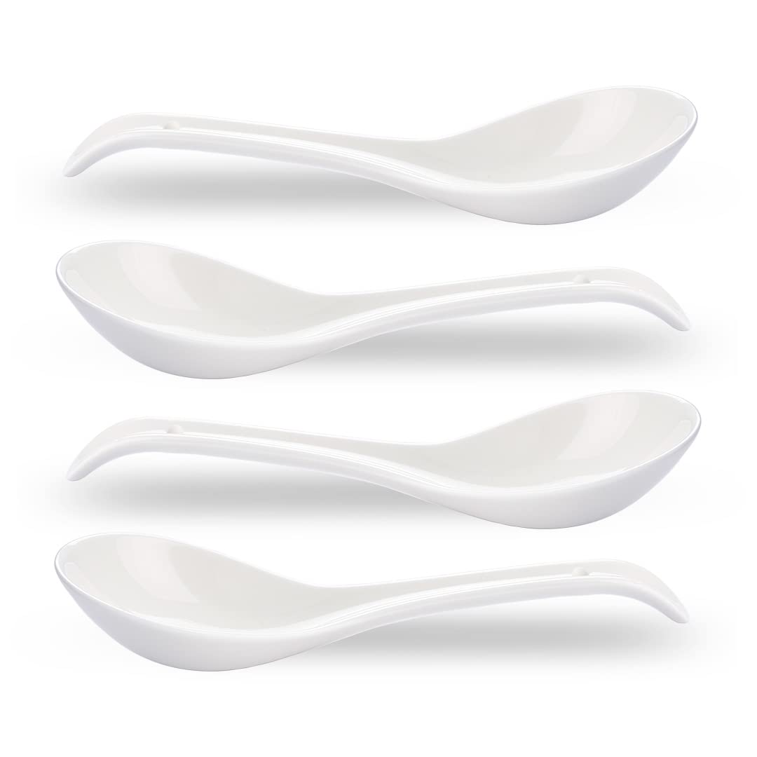 Premium Porcelain Soup Spoons Set of 4 - 6.6 Inch Ceramic Asian Soup Spoons for Ramen, Pho, Miso & Chinese Cuisine - Elegant White Japanese Style Tableware for Restaurants & Home Dining