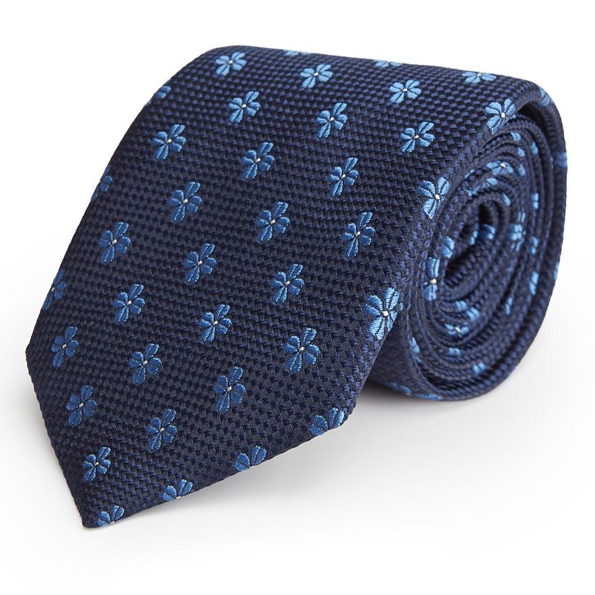 Navy and Blue Floral Hopsack Woven Silk Tie for Men - Elegant Formal Necktie for Weddings, Business & Special Occasions