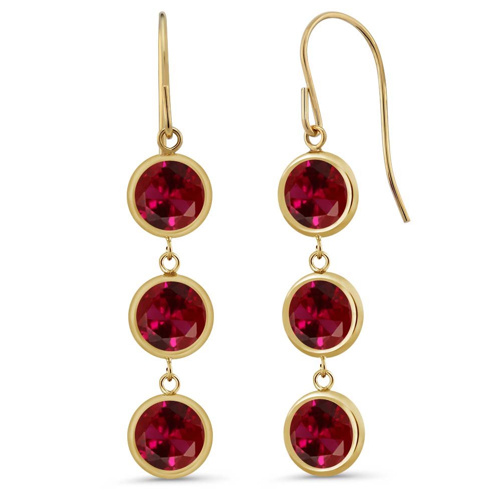 14K Yellow Gold Red Created Ruby Dangle Earrings for Women - 3.60 Cttw, 3-Stone Design, Round 5MM Gemstones, 1 Inch Drop - Perfect Gift for Birthdays, Anniversaries & Special Occasions