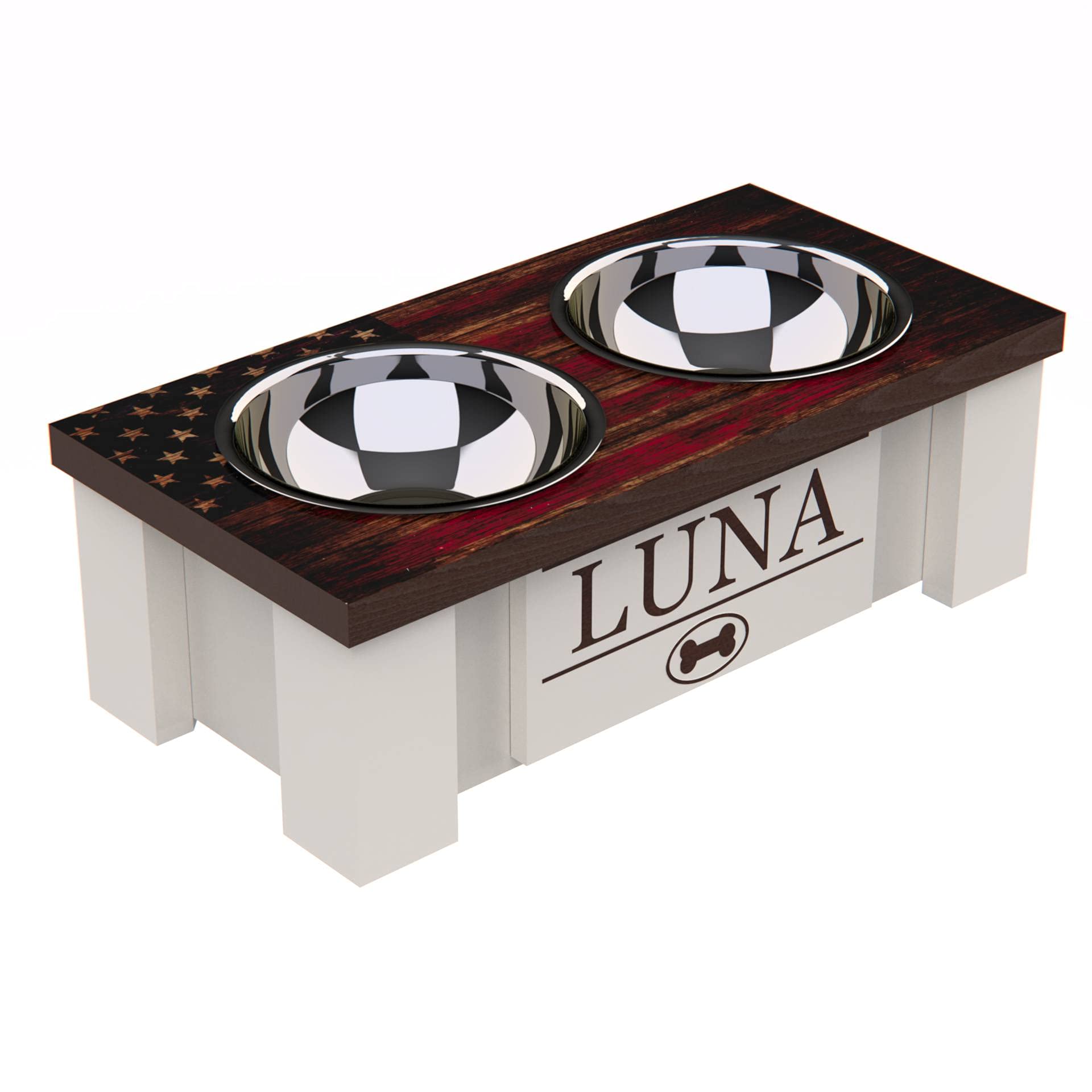Personalized Elevated Dog Bowl Stand for Large, Medium, Small & X-Small Dogs - Stainless Steel Raised Pet Food & Water Bowls - Adjustable Height Anti-Slip Dog Dish (X-Small, Flag Design) - Perfect for Home, Office & Travel Use