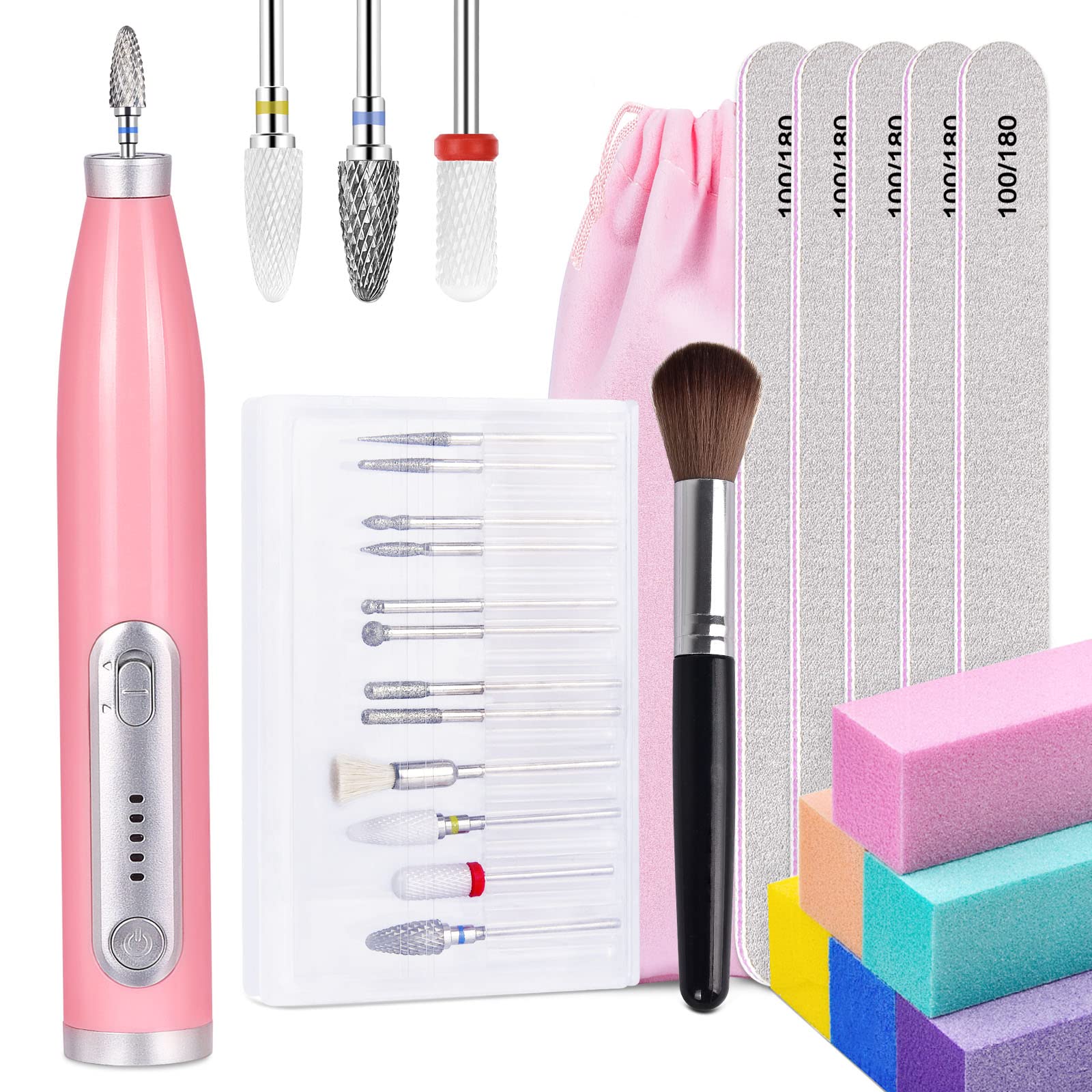 IKOCO Professional Rechargeable Cordless Nail Drill Kit for Acrylic & Gel Nails - Pink Electric Nail File with 12pcs Efile Bits - Perfect for Home Manicure, Salon Nail Art & DIY Nail Care