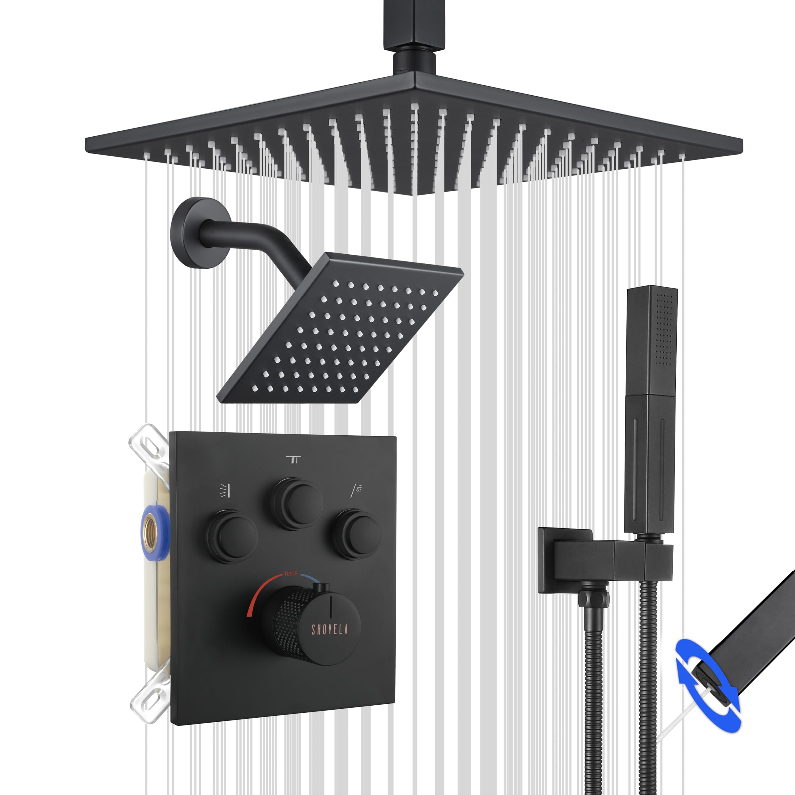 Premium Thermostatic Shower System Matte Black - 2-in-1 Handheld & Rainfall Shower Combo with Push Button Diverter, 12