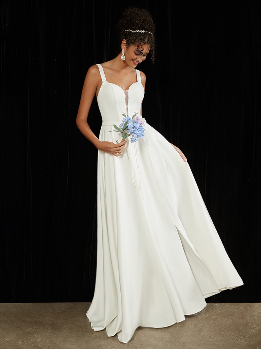 Elegant Diamond White Double FDY Sheer V-Neck A-Line Floor-Length Wedding Dress for Brides - Perfect for Church Ceremonies, Beach Weddings & Formal Receptions