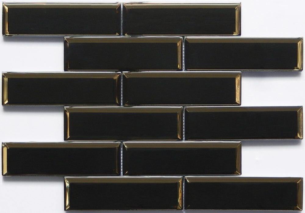 Black 2x6 Glass Subway Tile with Inverted Bevel Mirror - Perfect for Kitchen Backsplash, Bathroom Walls & Modern Interior Design