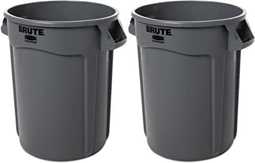 Rubbermaid Commercial 263200GY 32 Gallon Gray Round Brute Plastic Trash Can - Heavy Duty Waste Container for Kitchen, Office, Restaurant & Outdoor Use (2-Pack)