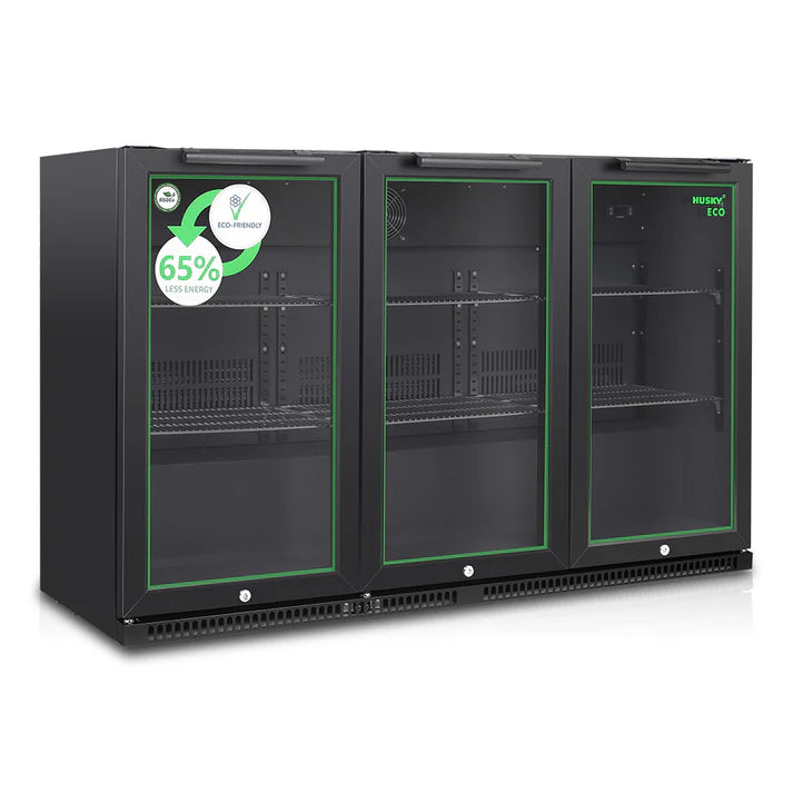 Husky 280L Triple Door Eco Back Bar Drinks Chiller - Black Commercial Refrigerator for Bars, Pubs & Restaurants | Energy Efficient Beverage Cooler with Glass Doors