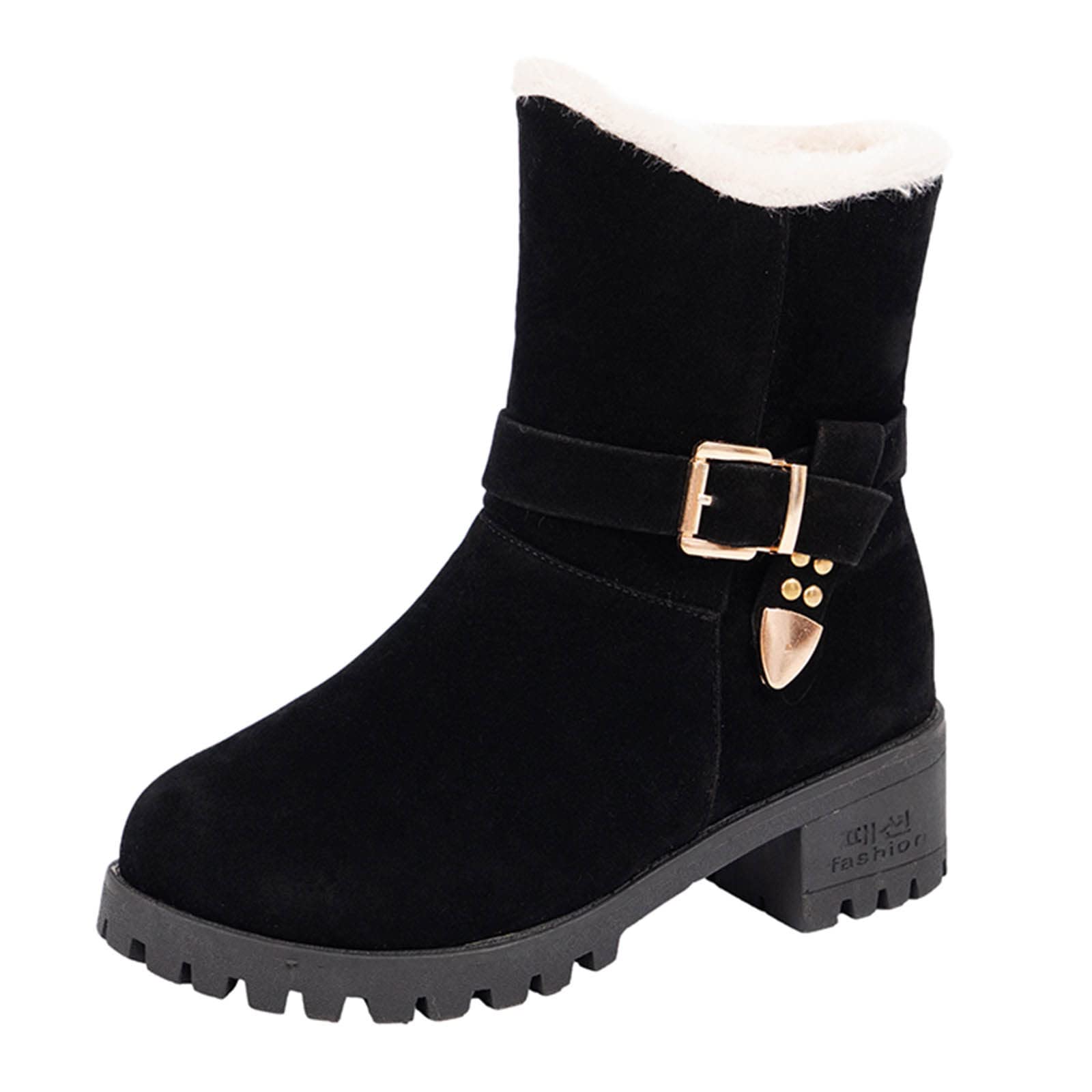 Women's Plus Size Cotton Suede Fashion Boots with Velvet Snow Belt Buckle - Warm Winter Boots with Heels for Casual Outings & Snowy Day Adventures