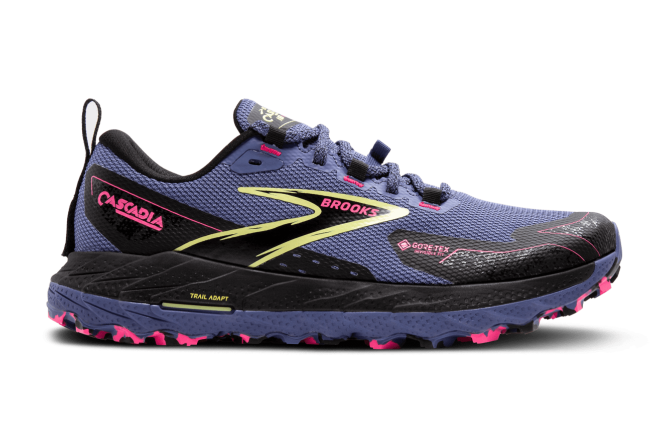 Brooks Cascadia 18 GTX Trail Running Shoes for Women - Waterproof Hiking Shoes with Gore-Tex, Grey Blue/Black/Pink (B Width) - Perfect for Outdoor Adventures & Trail Running