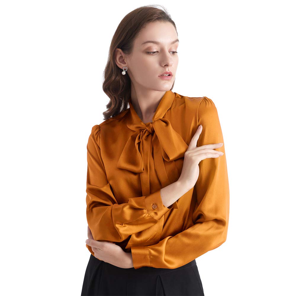 LilySilk Women's Vintage Bow-Tie Neck Silk Blouse - Long Sleeve Button Down Real Silk Shirt for Office & Special Occasions