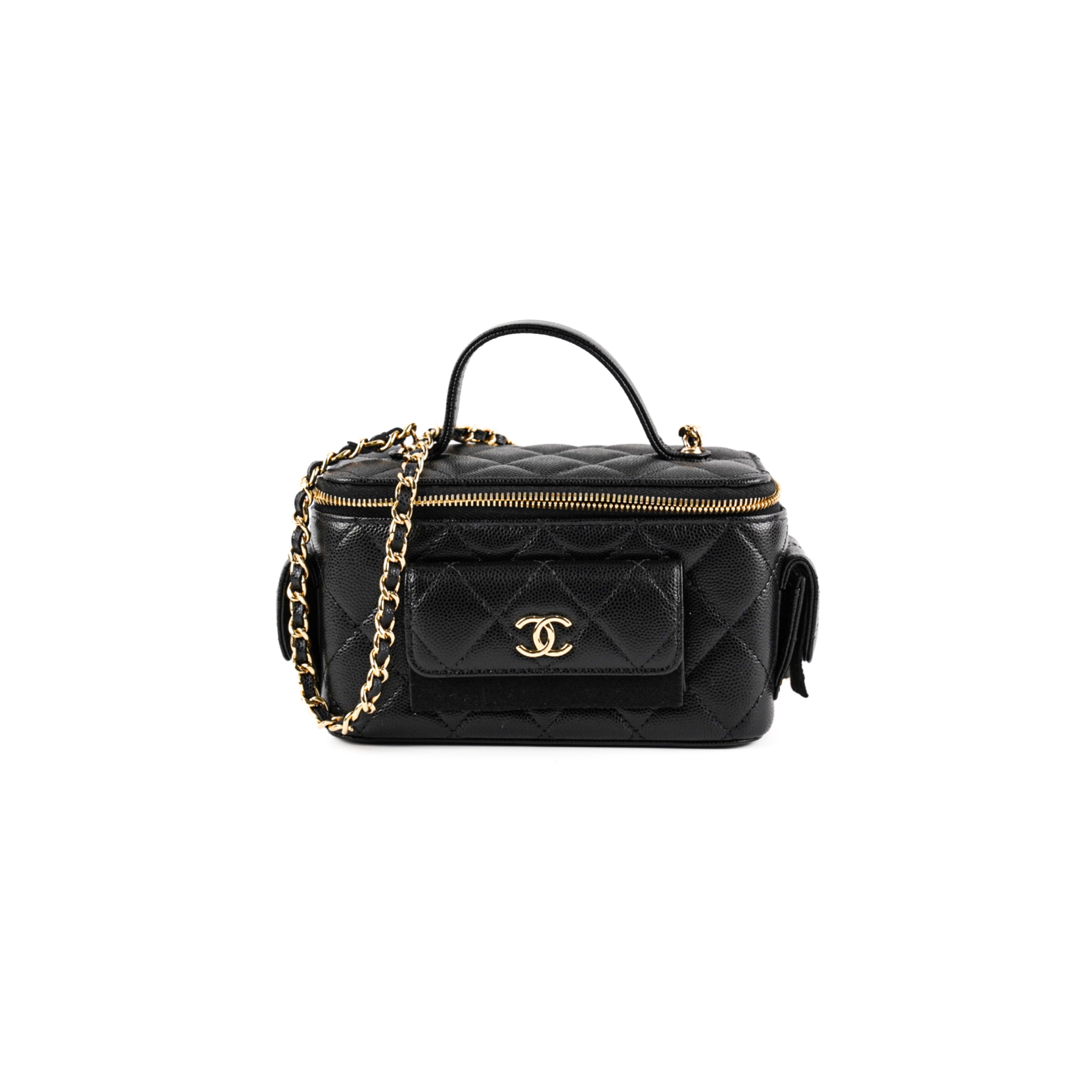 Chanel Caviar Multi Pocket Vanity Bag Black Microchip Leather Crossbody - Perfect for Travel, Parties & Everyday Luxury