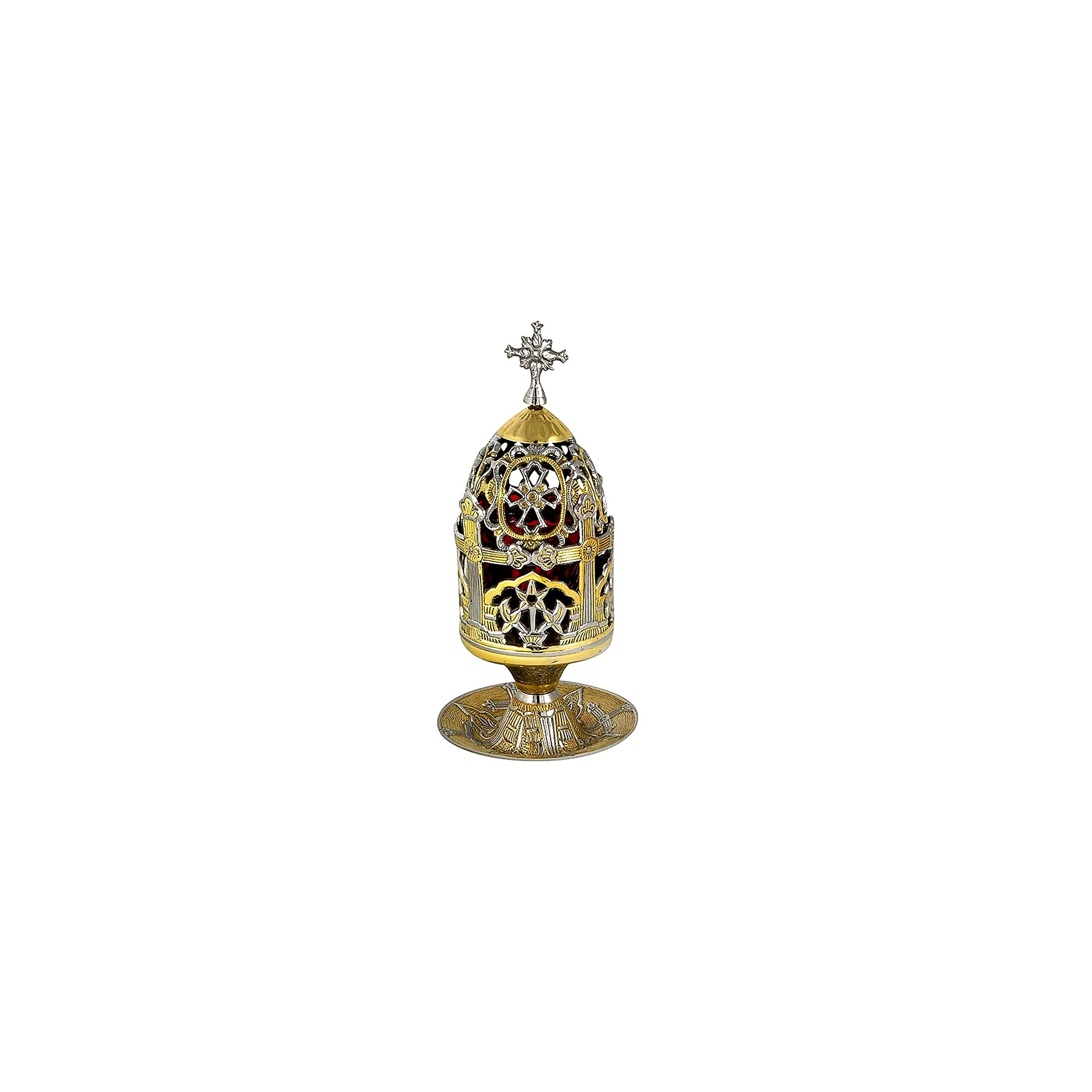 Hand-Painted Christian Brass Table Oil Vigil Lamp with Cross - Orthodox Prayer Standing Oil Candle with Glass Cup - Religious Home Decor for Church, Altar & Meditation Spaces