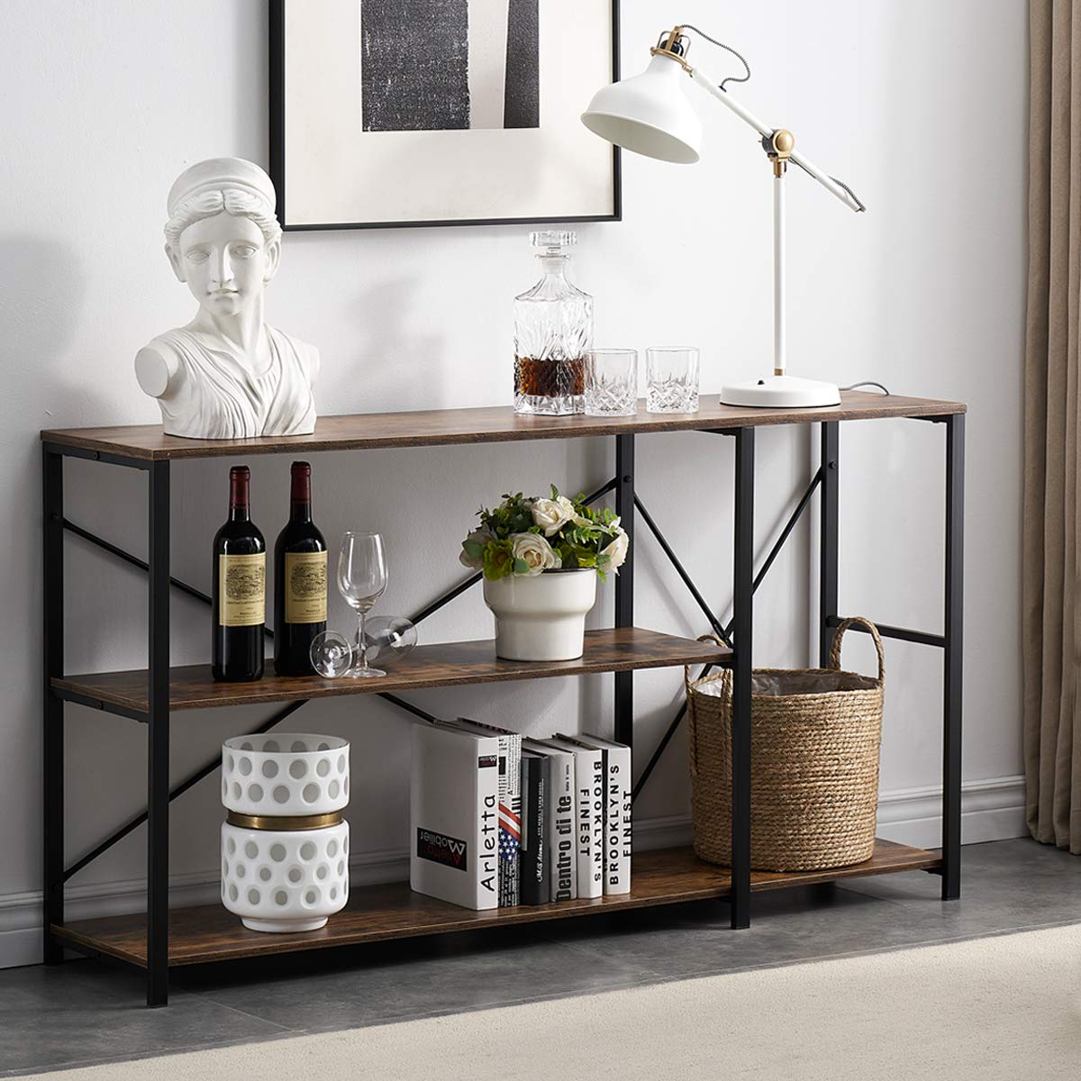 Industrial Console Sofa Table - 55 Inch Rustic Brown 3-Tier Entryway Table for Living Room & Foyer - Perfect for Home Decor, Storage & Display Behind Couch or Hallway