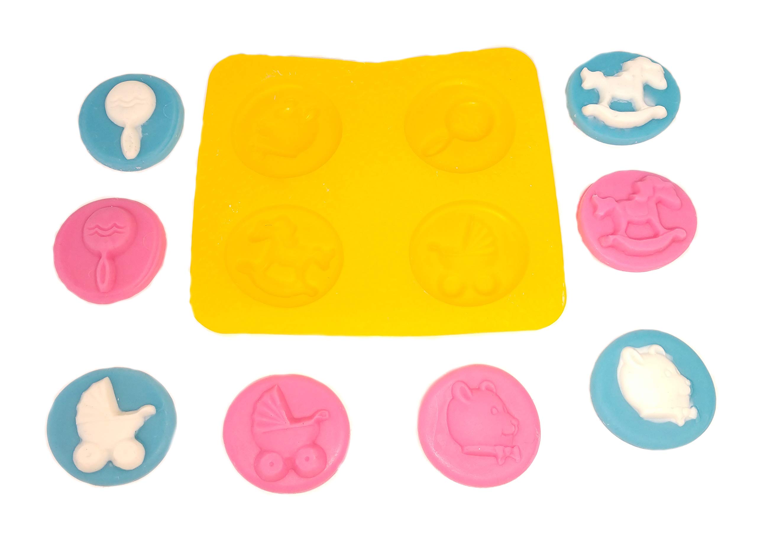 Baby Shower Silicone Molds Set - 4 Cavity Rocking Horse, Carriage, Rattle & Bear Shapes for Chocolate, Fondant, Candy, Buttercream - Perfect for Cake Decorating, DIY Treats & Party Favors