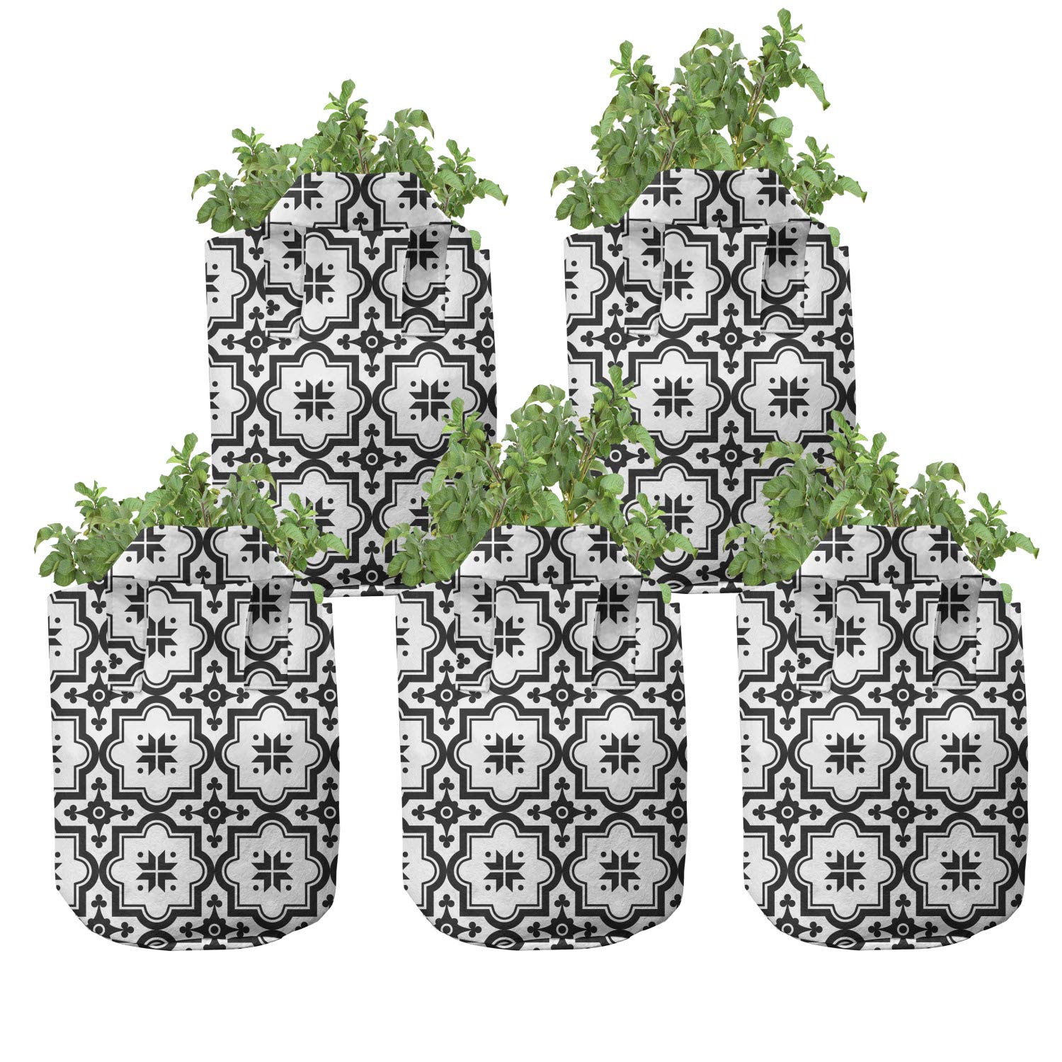 Ambesonne 5-Pack Heavy Duty 7 Gallon Moroccan Grow Bags - Monochrome Tile Pattern Fabric Plant Pots with Handles for Indoor/Outdoor Gardening - Perfect for Vegetables, Herbs, Flowers & Urban Balcony Gardens