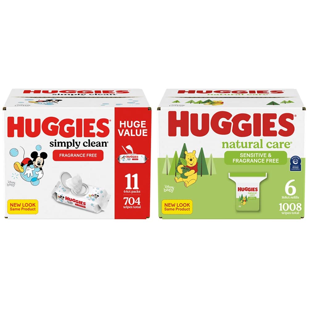Huggies Baby Wipes - Simply Clean & Natural Care Sensitive | 11 Packs (704 Count) + 1008 Count | Gentle for Newborns, Diaper Changes & On-the-Go Cleaning