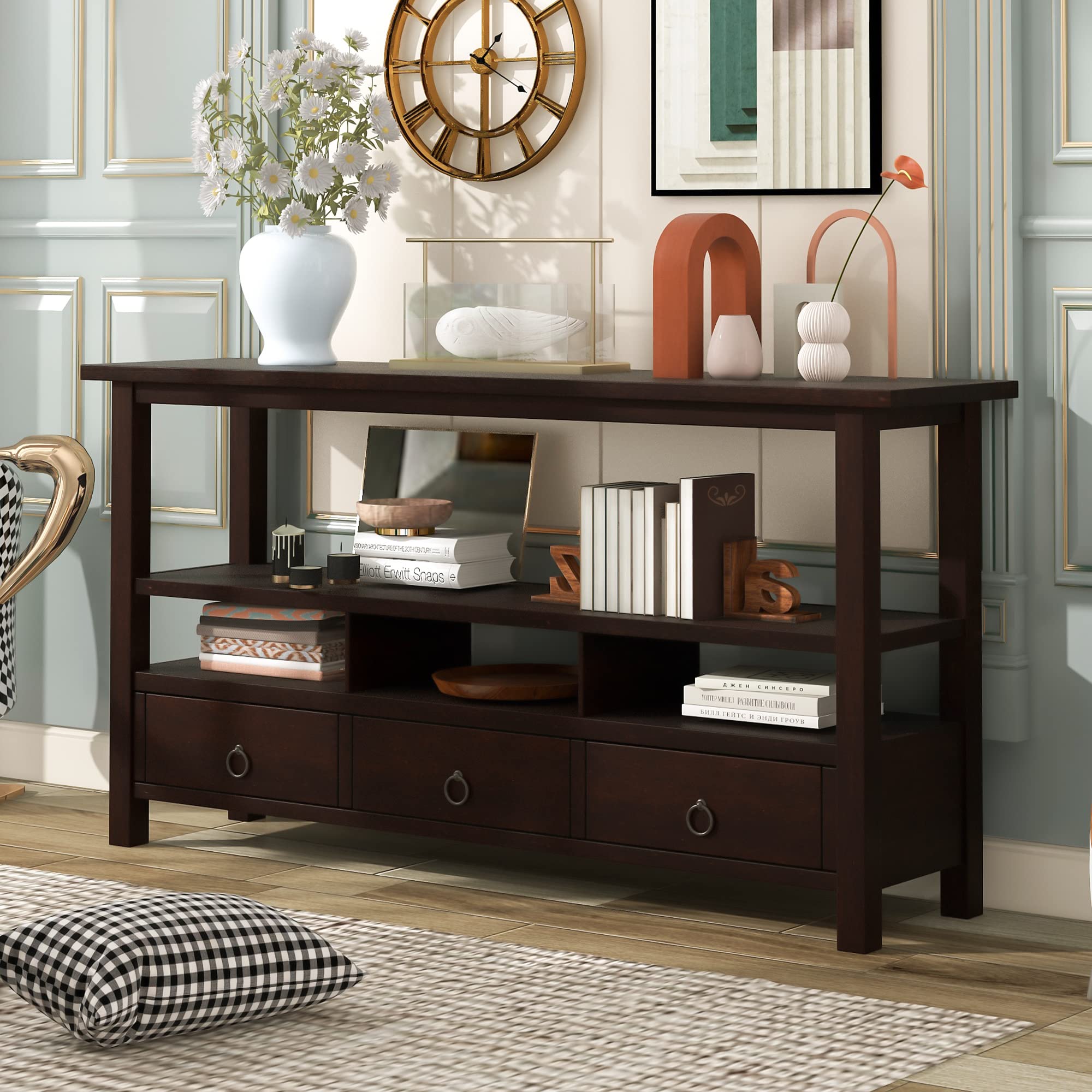 Rustic Solid Wood Console Table with 3 Drawers - Double-Tier Storage Shelf for Entryway, Living Room & Hallway - Espresso Finish for Farmhouse & Modern Home Decor