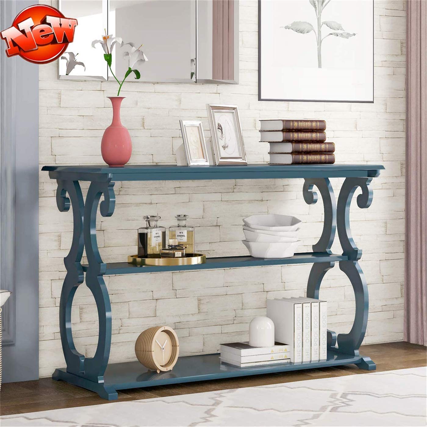 TYNAWYNW Sturdy Console Table with Thickened Wood & Curved Legs, 3-Tier Open Shelf Entryway Sofa Table for Hallway, Living Room & Bedroom - Perfect for Storage & Home Decor (Navy Blue)
