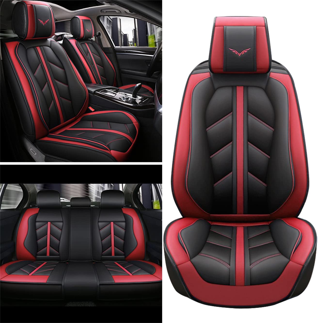 Vonzasi Universal Car Seat Covers - Premium Leather 5-Piece Full Set for Mitsubishi Eclipse 2001-2012 Models | Waterproof, Airbag Compatible Seat Protectors in Black & Red | Perfect for Daily Commuting, Road Trips & Family Protection