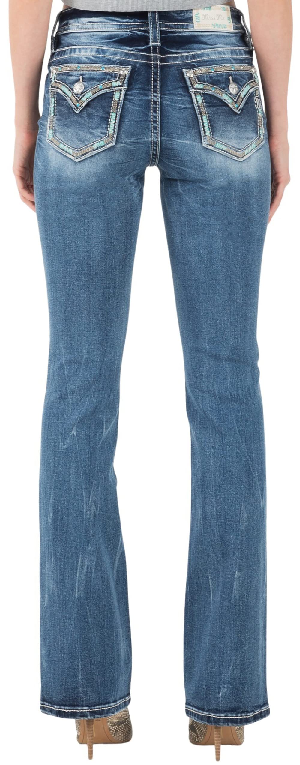 Miss Me Women's Mid-Rise Bootcut Jeans - Embellished Turquoise & Gold Stitch Detail with Faux Flap Pockets | Comfortable Denim Pants for Casual Wear, Night Out, and Everyday Style
