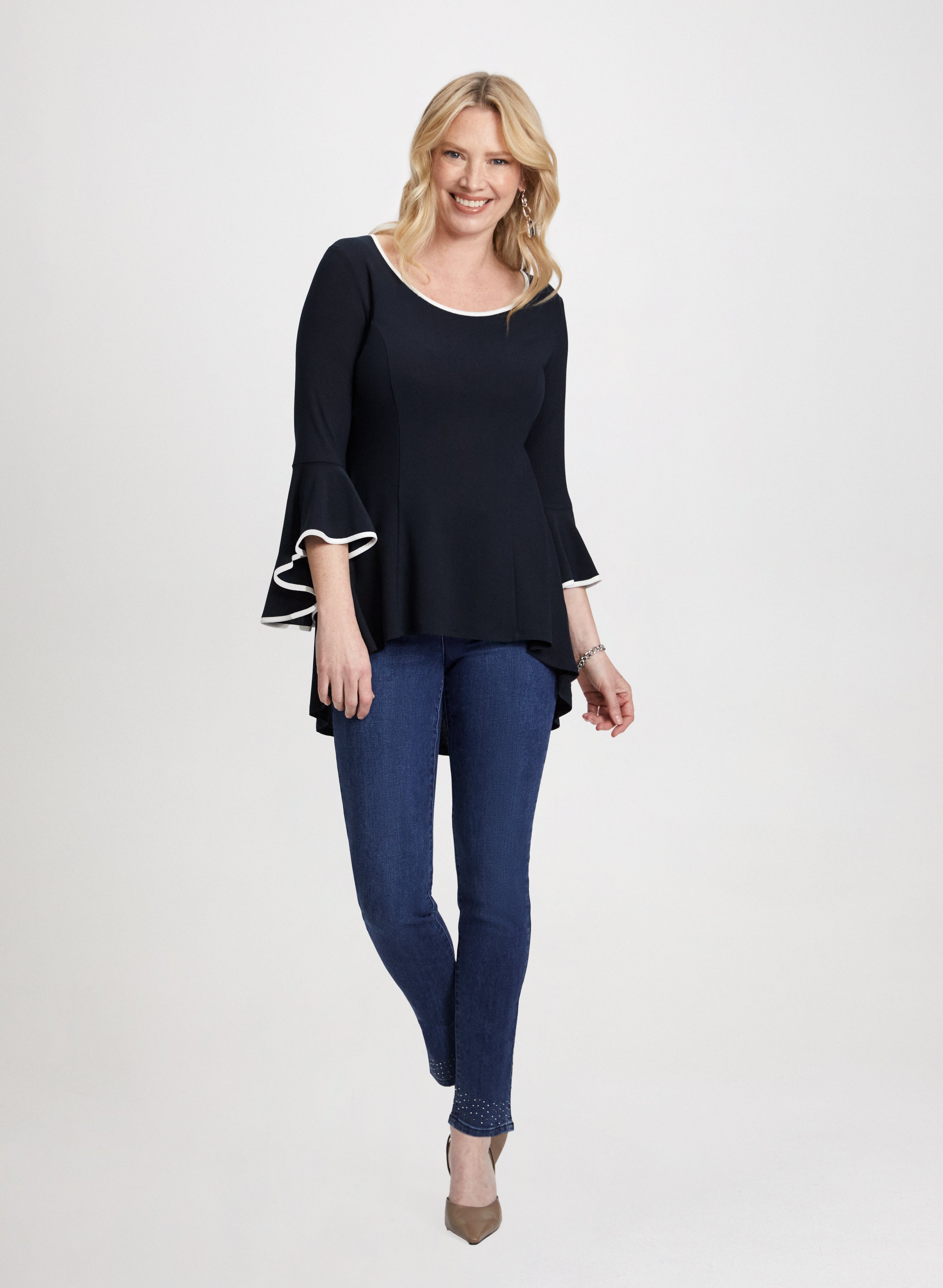 Bell Sleeve Blouse & High-Waist Straight Leg Jeans Set - Women's Fashion Outfit for Casual Wear, Office & Date Night