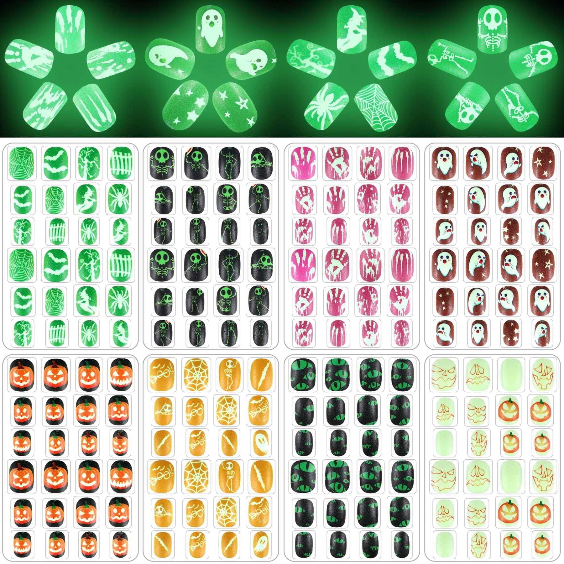 JANYUN Halloween Glow in the Dark Kids Fake Nails - 192 Pcs Short Glowing False Nails with Pumpkin, Spider & Bat Designs for Girls, Nail Art Party & Halloween Costume Accessories (Perfect for Trick-or-Treating, Costume Parties & Spooky Nail Decorations)